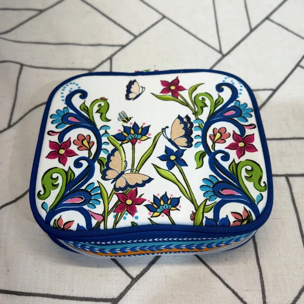 Brighton Jewelry Organizer Case OS Blue Butterfly Floral Travel Zip Square Pouch